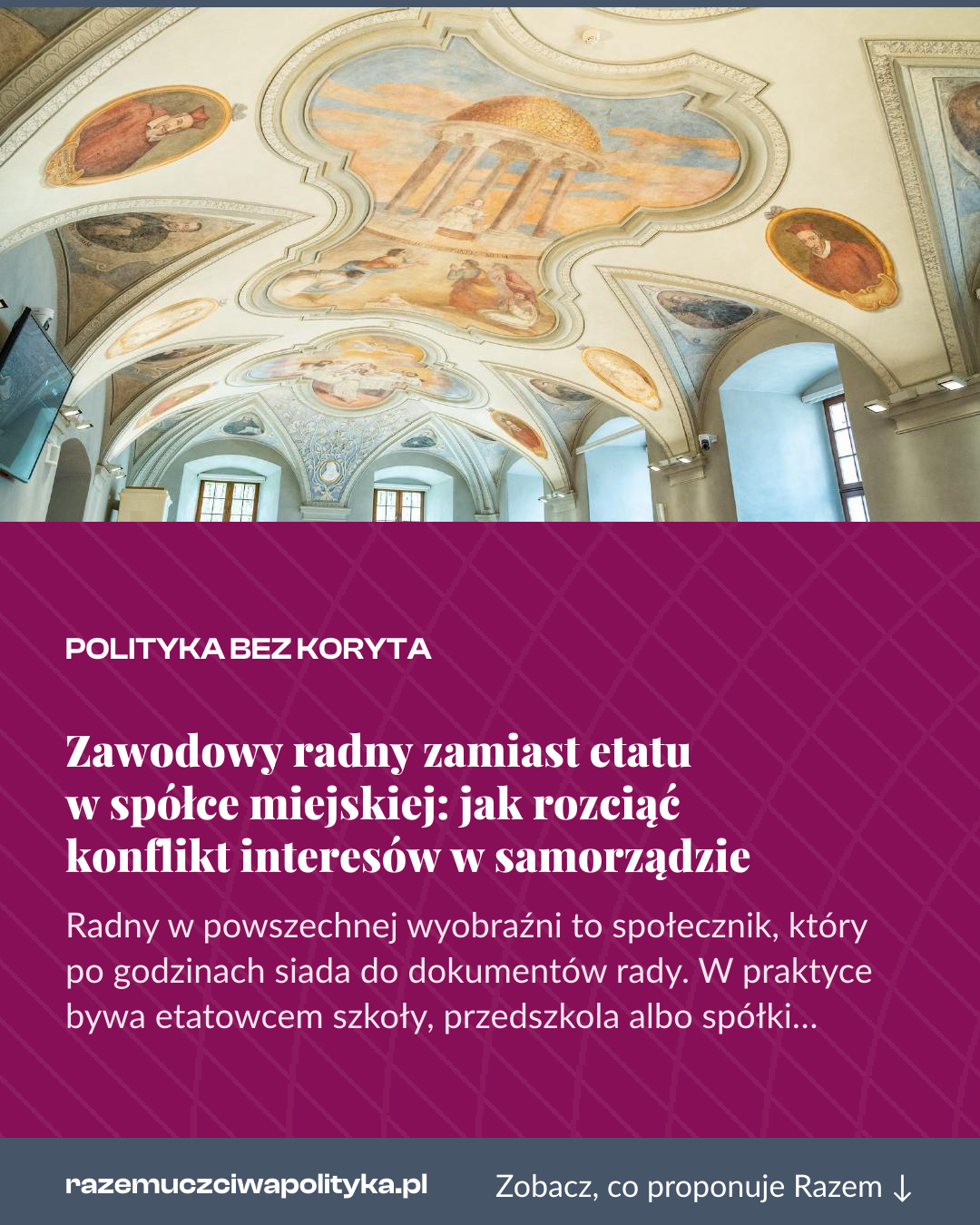 Grafika pionowa do udostępnienia: Zawodowy radny zamiast etatu w spółce miejskiej: jak rozciąć konflikt interesów w samorządzie