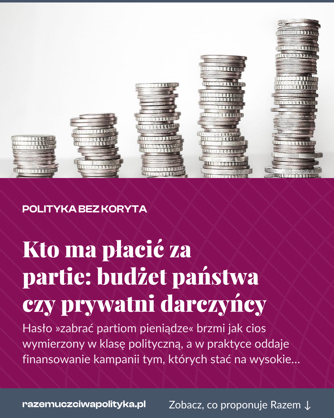 Grafika pionowa do udostępnienia: Kto ma płacić za partie: budżet państwa czy prywatni darczyńcy