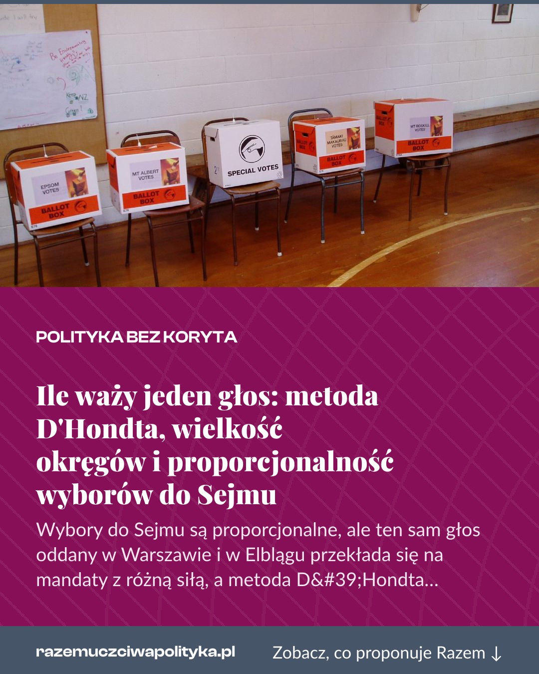 Grafika pionowa do udostępnienia: Ile waży jeden głos: metoda D'Hondta, wielkość okręgów i proporcjonalność wyborów do Sejmu