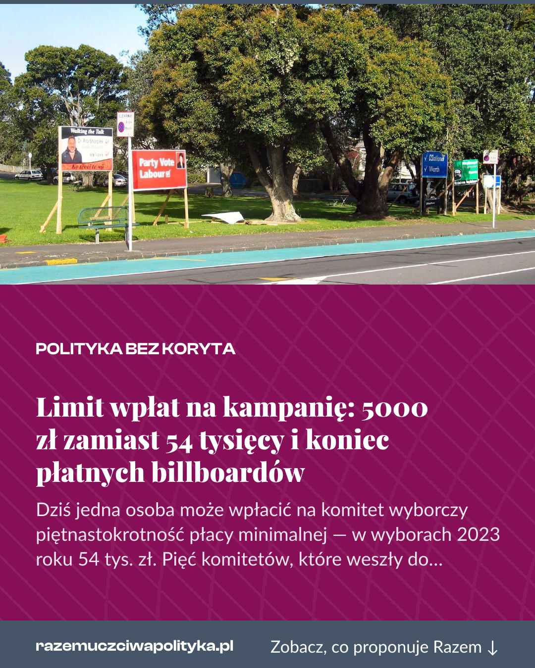 Grafika pionowa do udostępnienia: Limit wpłat na kampanię: 5000 zł zamiast 54 tysięcy i koniec płatnych billboardów