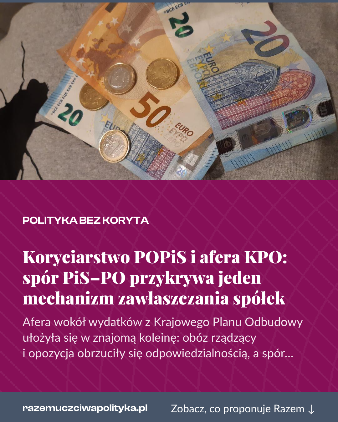 Grafika pionowa do udostępnienia: Koryciarstwo POPiS i afera KPO: spór PiS–PO przykrywa jeden mechanizm zawłaszczania spółek